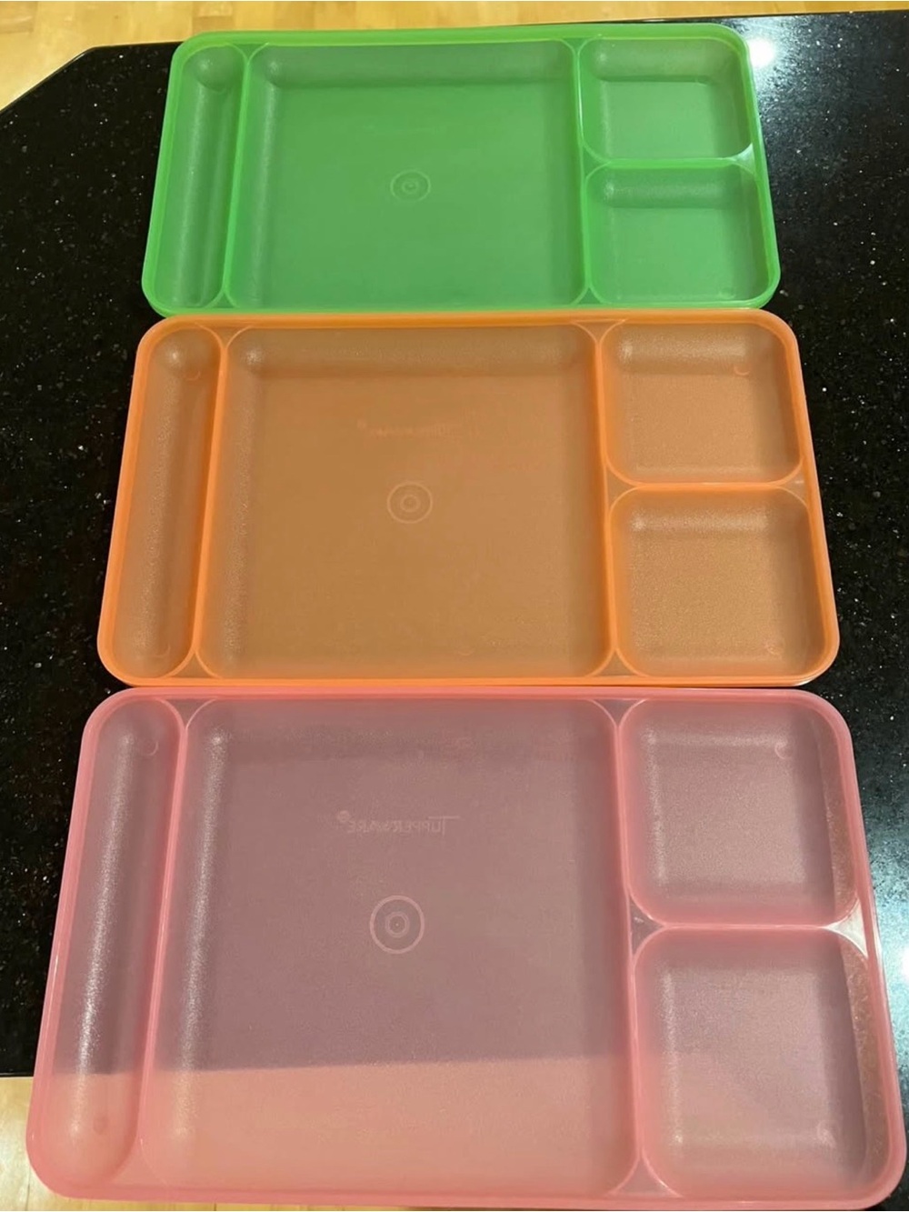 3 Tupperware Cafeteria Compartment Tray  - Green, Orange, Pin